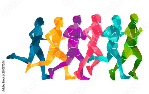 Running marathon  people run  colorful poster. Vector illustration background silhouette sport