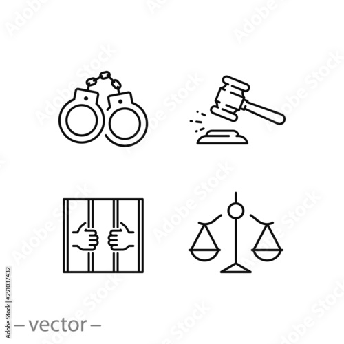 justice icon set, prison, judge gavel, law scales, handcuffs, thin line web symbols on white background - editable stroke vector illustration eps10
