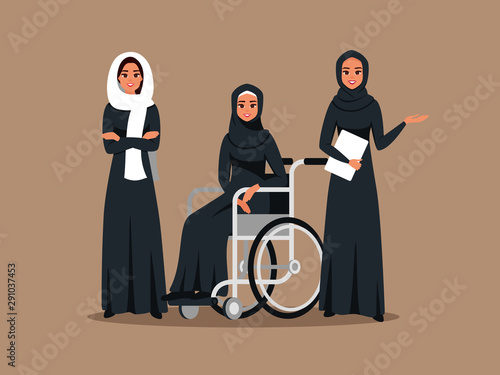 Arab business women work together with disabled woman.  Muslim female employees wearing hijab and black abaya working at office. Vector illustration.