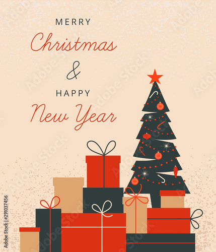 Christmas illustration with xmas decorated tree and stack of gift boxes. Vector festive concept for Merry Christmas and Happy new year