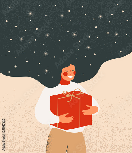 Christmas illustration with dreamy woman with flying hair holds red gift box. Vector festive concept for Merry Christmas and Happy new year