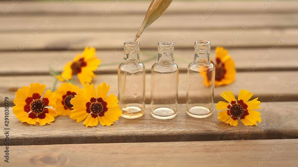 coreopsis essential oil in beautiful bottle on table coreopsis essential oil in beautiful bottle on table