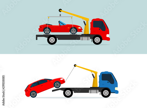 Roadside assistance. Car on tow truck. Two web banner with different situations. Vector illustration. Flat design.