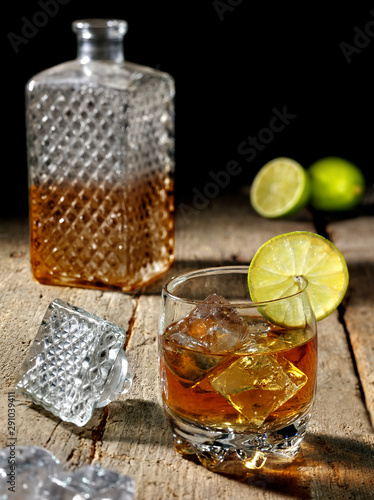 whiskey, bottle, cocktail, lemon