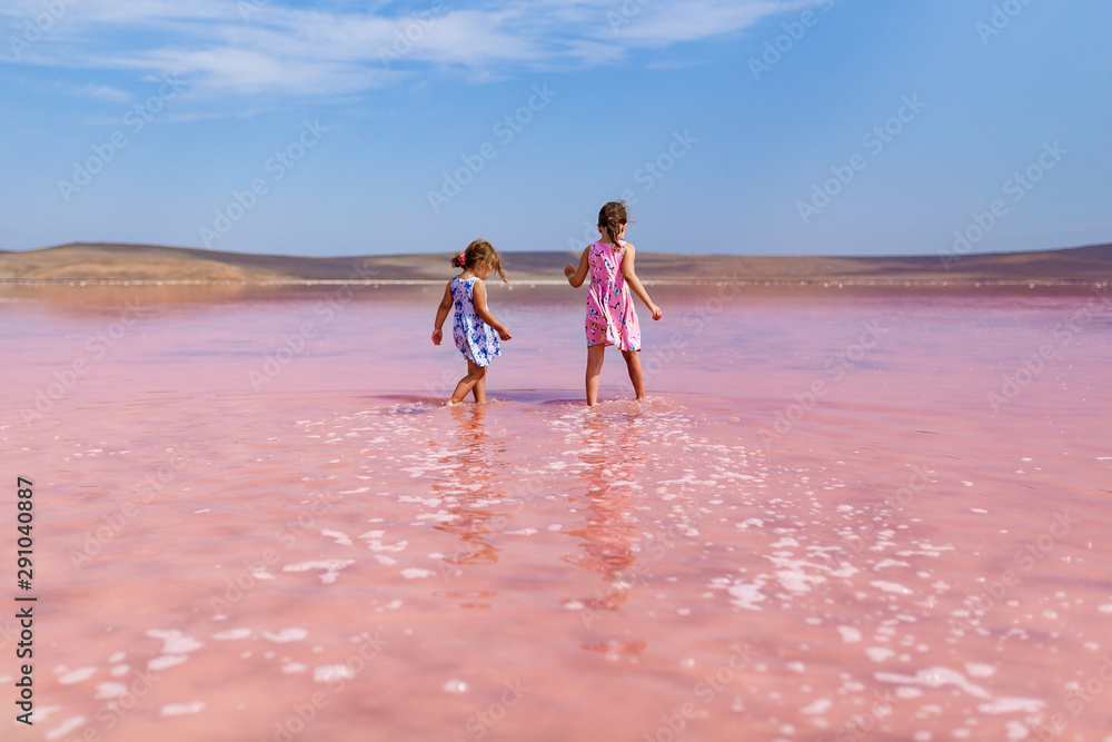 Two happy sister girls in dresses walk on a pink salt lake on a Sunny summer day. Family holiday and the study of nature