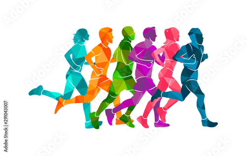 Running marathon, people run, colorful poster. Vector illustration background silhouette sport