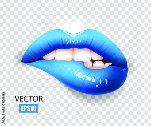 Sexy lips, bite one's lip, female lips with blue lipstick isolated on transparent background. Ice lips. 3D effect. Vector illustration. EPS10