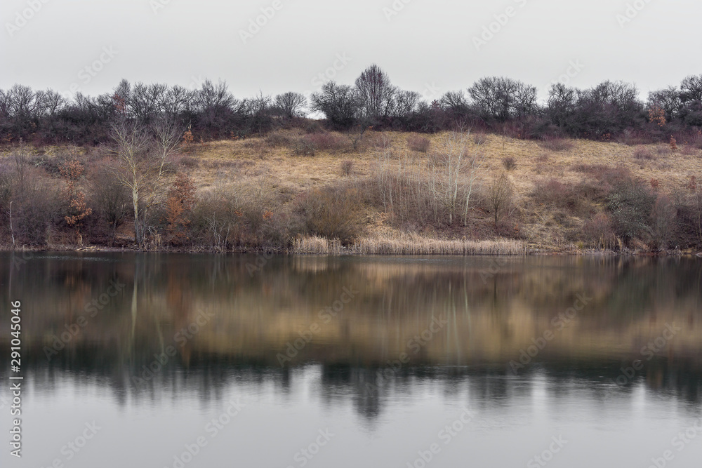 Beautiful reflections of birch trees and reed in calm lake water with a lot of space for text Beautiful reflections of birch trees and reed in calm lake water with a lot of space for text
