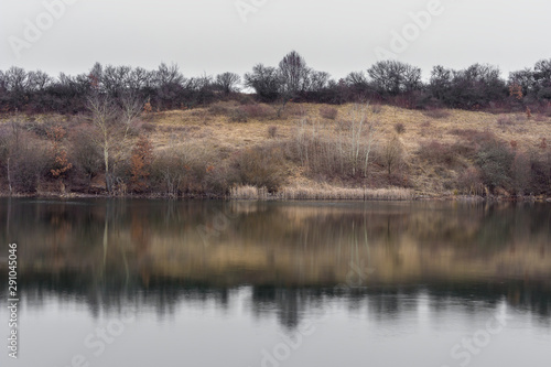 Beautiful reflections of birch trees and reed in calm lake water with a lot of space for text