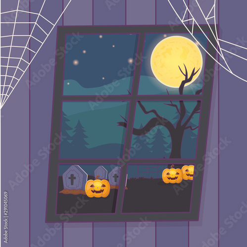view window cemetry with pumpkins tree night halloween