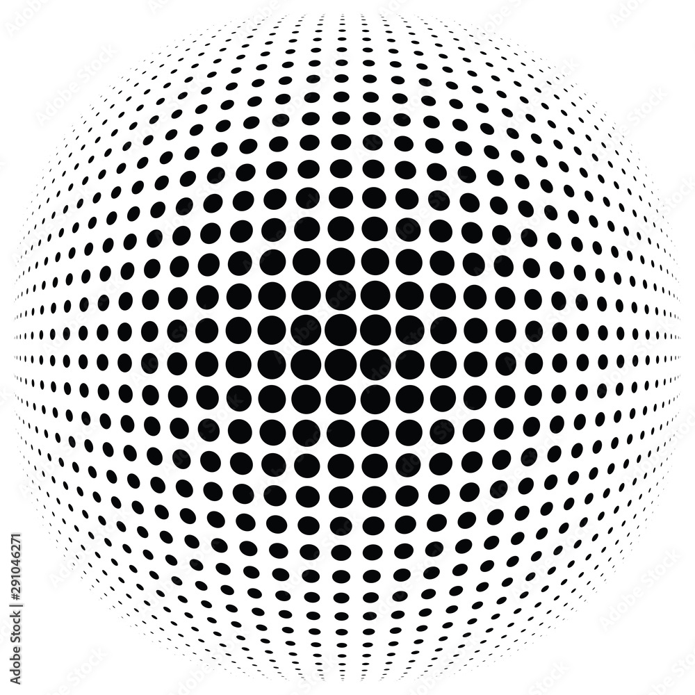 Half-tone dots, circles, dotted element. Sphere, orb or globe distortion speckles. Diffuse radial, radiating bloat, bulge warp. Polka-dot inflate design. Circular geometric pattern, abstract circles