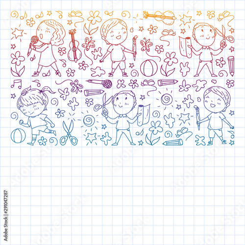 creative kids dancing, sing, playing football, playing guitar, violin, making models from paper. Monochrome pen drawing on squared notebook .