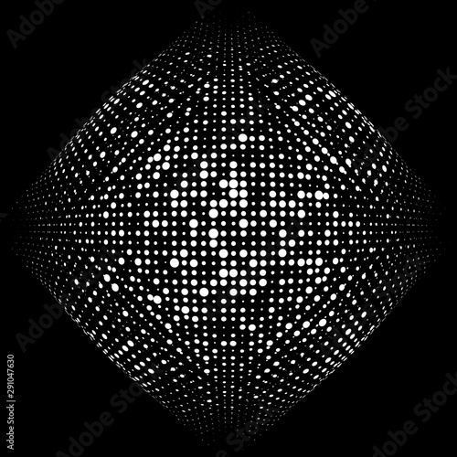 Half-tone dots. Dotted, circles pattern. Sphere, orb or globe distortion speckles. Diffuse radial, radiating bulge, bloat warp. Polka-dot inflate design. Abstract circles circular geometric pattern