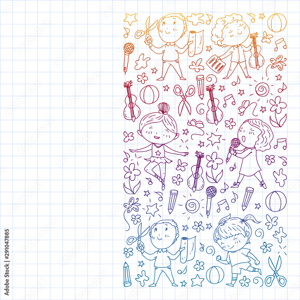 creative kids dancing, sing, playing football, playing guitar, violin, making models from paper. Monochrome pen drawing on squared notebook . creative kids dancing, sing, playing football, playing guitar, violin, making models from paper. Monochrome pen drawing on squared notebook .