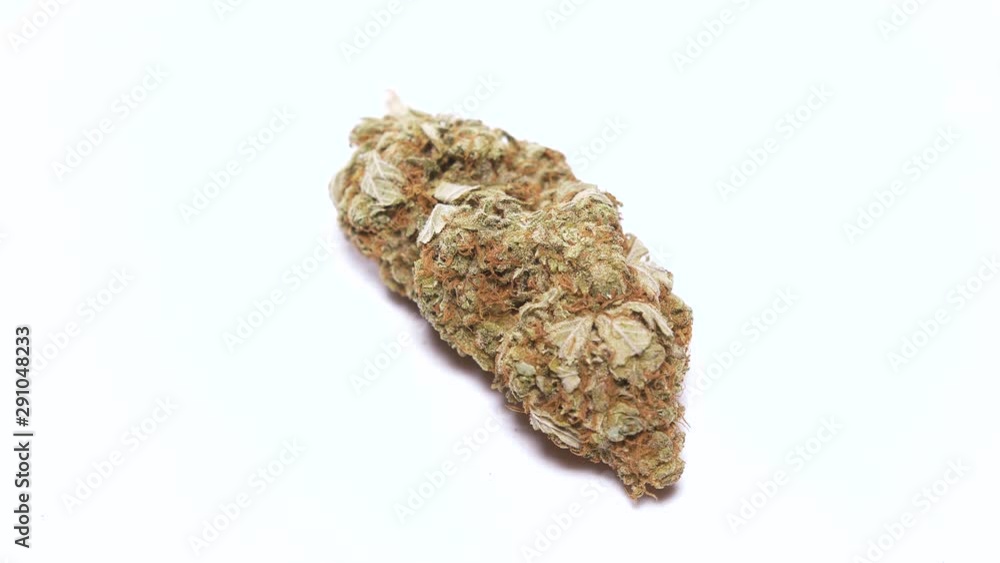 Whole stativa cannabis bud rotating against a solid white background Whole stativa cannabis bud rotating against a solid white background