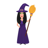 Beautiful witch with a broom for Halloween isolated on a white