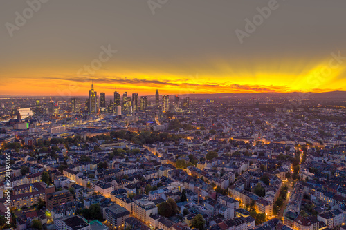 Sunset in Frankfurt am Main. Picture with drone.