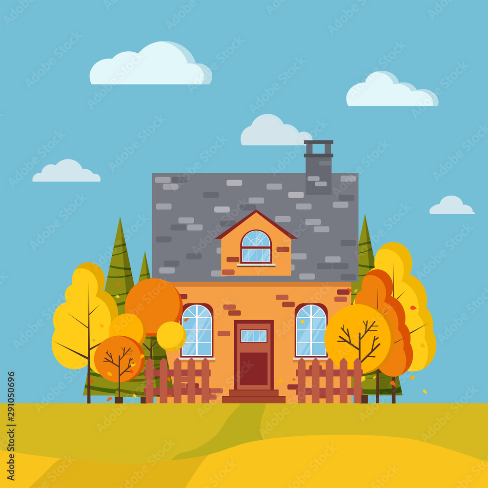 Autumn landscape background with trees, spruces, fields, fences, rural brick cartoon house with chimney in flat style.