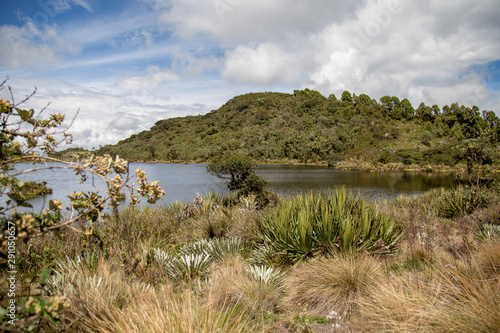 Panoramic view of the Laguna Verde, a natural lake at the Teatinos paramo, in the highlands of the Andean mountains of central Colombia.