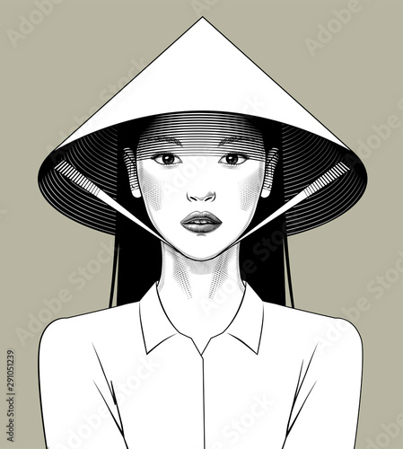 Eastern girl in asian conical hat