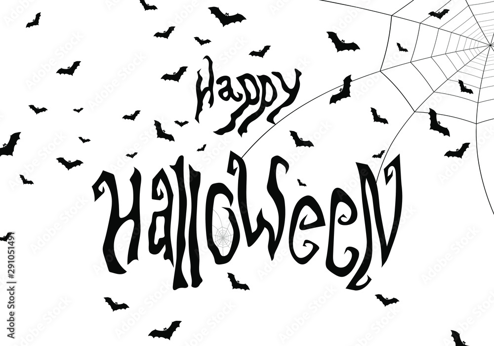 Happy Halloween banner with hand drawn text, spider web and bats. Vector illustration Happy Halloween banner with hand drawn text, spider web and bats. Vector illustration