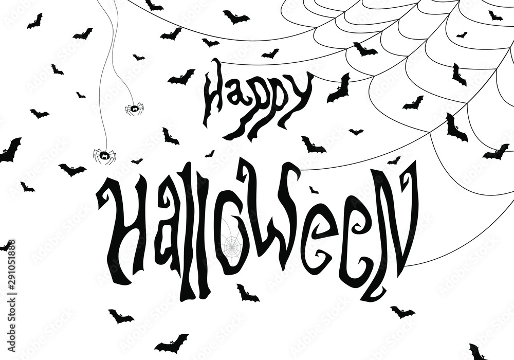 Happy Halloween banner with hand drawn text, spider, web and bats. Vector illustration