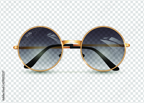 Women's sunglasses isolated ontransparent background, round gold-rimmed glasses, women's accessory. Summer season, the sea, the beach, vintage, trend. Vector illustration. EPS10