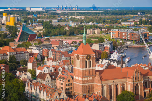 Panorama from the height of the city of Gdańsk, cityscape, cranes, smog, buildings, top-view, buildings, industrial, old town, clouds, urban, aerial, town