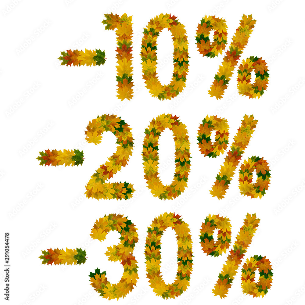 Discount ten, twenty, thirty percent. Text from yellow, green and orange maple autumn leaves. Isolate on white background Discount ten, twenty, thirty percent. Text from yellow, green and orange maple autumn leaves. Isolate on white background