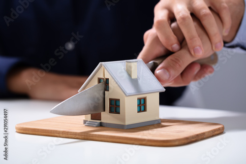 Canvas Print Close-up Of Couple Cutting The House Model With Knife