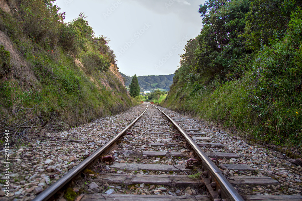 Perspective view of train tracks that goes over the Teatinos river, in the highlands of the Andean mountains of central Colombia.