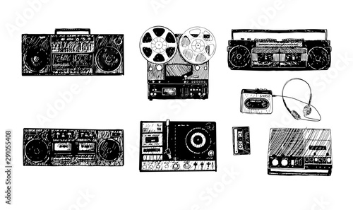 Retro media. Microphones, reel tape recorder, radio receiver, headphones. Set of items music lover and radio isolated on white background.