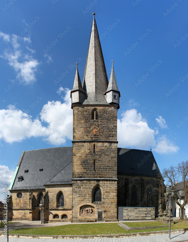 Gothic city church with its bell tower in Lichtenfels, Germany 