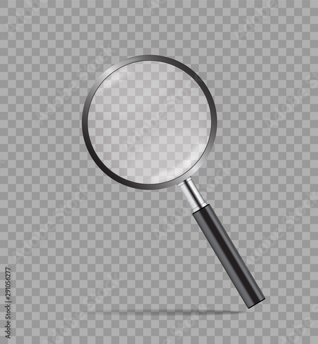 Realistic magnify glass in mockup style on transparent background. Detective concept loupe with zoom. Magnifying glass icon. Black loupe for search. vector