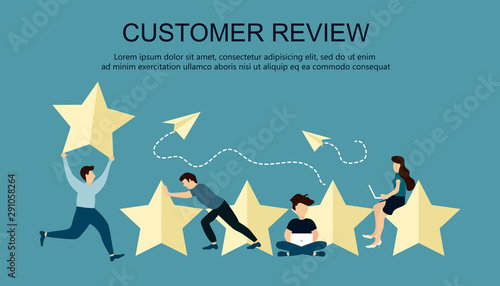 Concept of feedback, testimonials messages and notifications. Rating on customer service illustration. Five big stars with people sitting on them and giving reviews on their lap tops. Flat vector