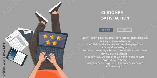 Rating on customer service illustration. Man sitting on the floor and holding tablet in his lap. Website rating feedback and review concept. Flat vector illustration