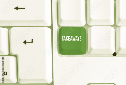 Conceptual hand writing showing Takeaways. Concept meaning An act or instance of giving something from you to someone White pc keyboard with note paper above the white background photo