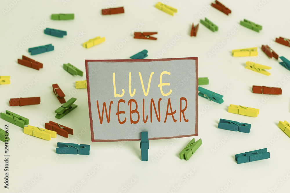 Conceptual hand writing showing Live Webinar. Concept meaning Interactive seminar transmitted over the web Real Time Colored clothespin papers empty reminder white floor office Conceptual hand writing showing Live Webinar. Concept meaning Interactive seminar transmitted over the web Real Time Colored clothespin papers empty reminder white floor office