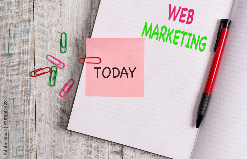 Handwriting text Web Marketing. Conceptual photo Electronic commerce Advertising through internet Online seller Thick pages notebook stationary placed above classic look wooden backdrop Handwriting text Web Marketing. Conceptual photo Electronic commerce Advertising through internet Online seller Thick pages notebook stationary placed above classic look wooden backdrop