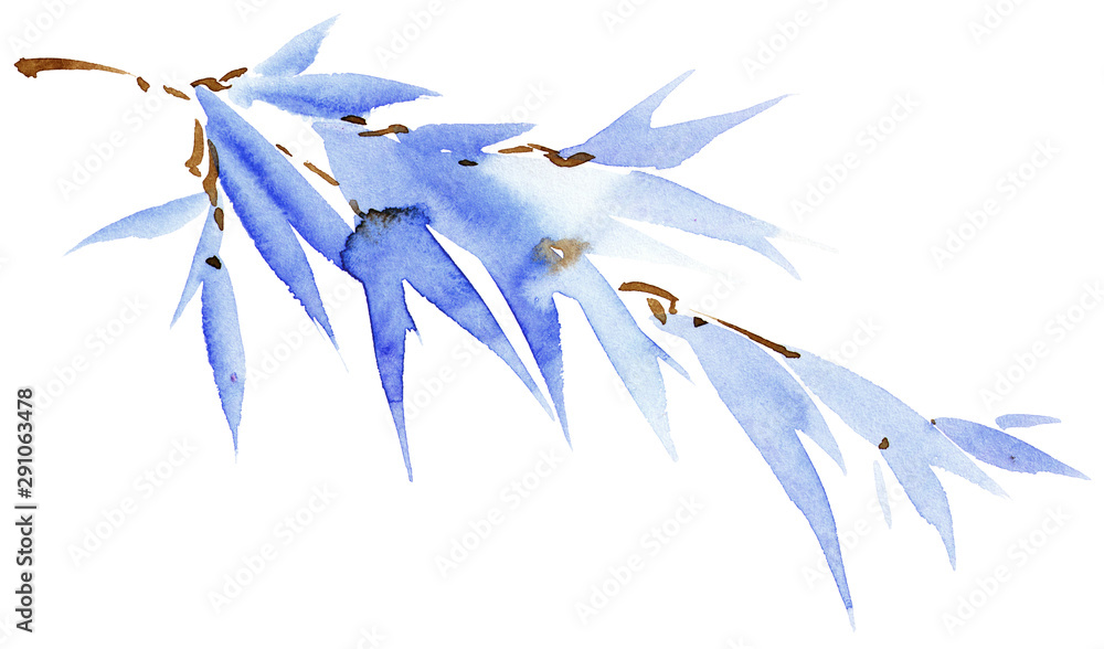 Fototapeta premium Watercolor and ink painted tree branch with leaves
