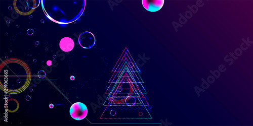 Neon techno christmas tree science space abstraction background. Cosmos blue dark retro futuristic 3d