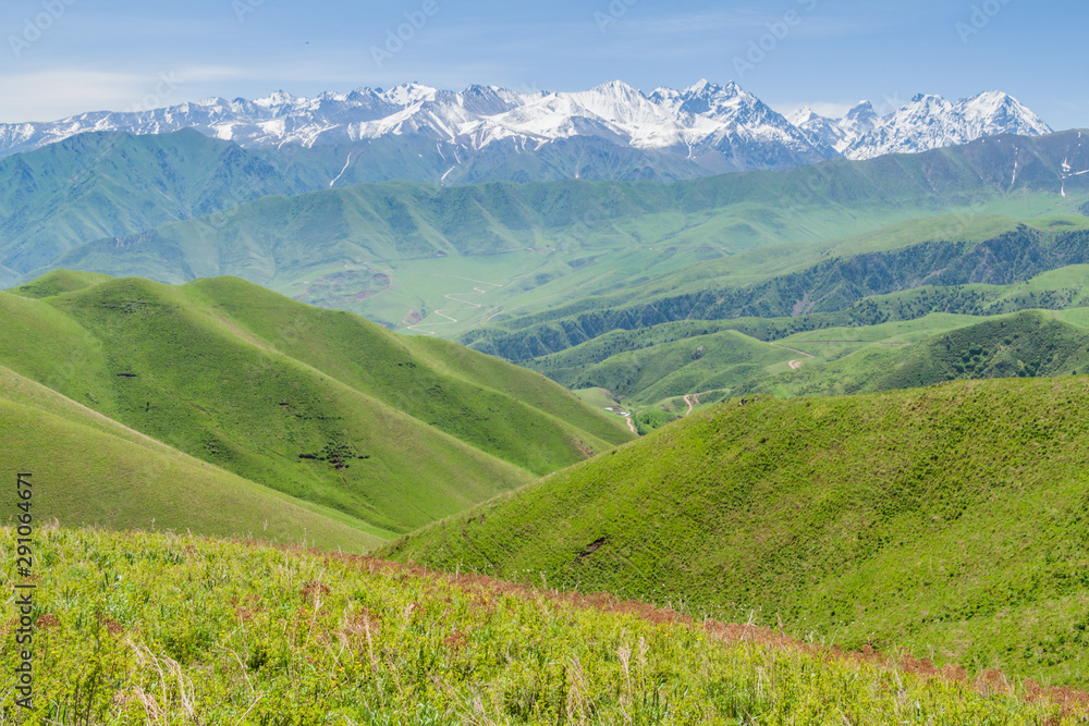 Fototapeta premium Pastures of Alamedin valley with high snow covered mountains background, Kyrgyzstan