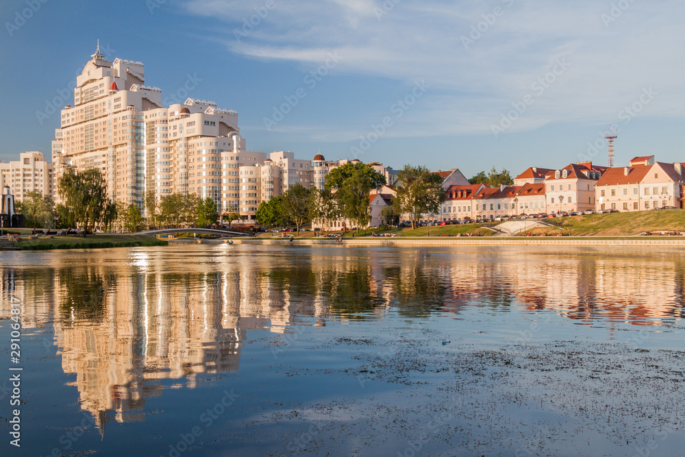 View of Svislach river and  the Trinity Suburb in Minsk, Belarus