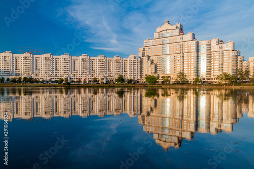 View of Svislach river and a row of apartment buildings in Minsk, Belarus