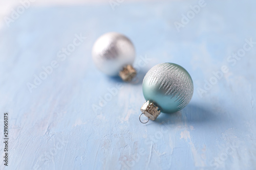 Christmas decoration on bright wooden background. Copy space.