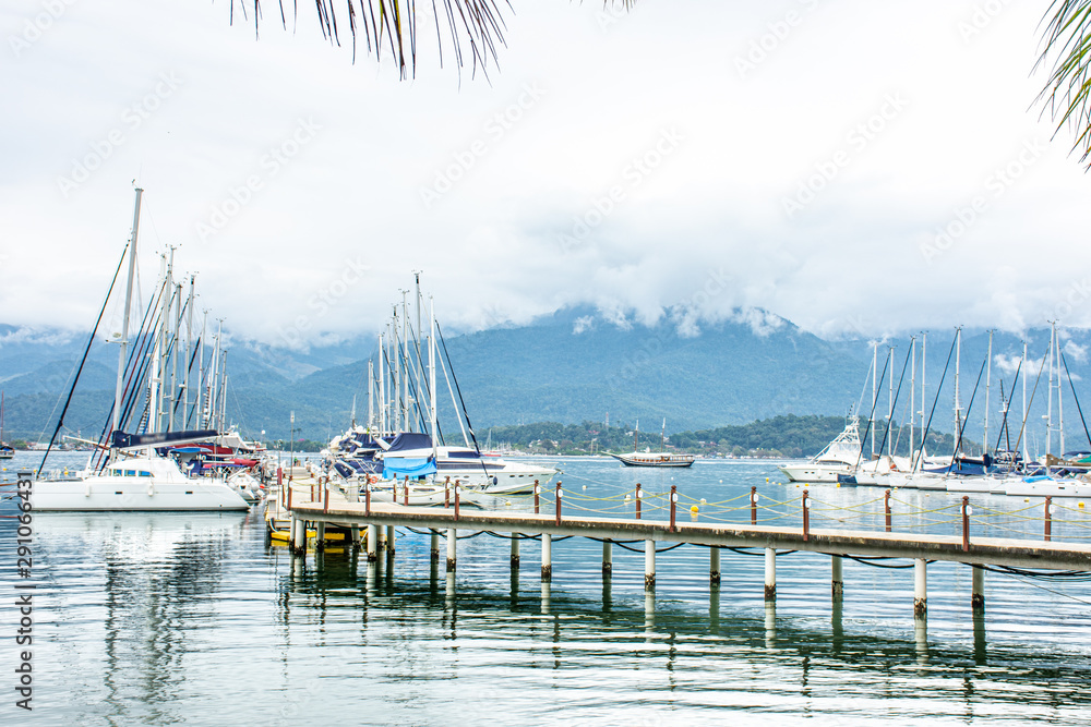 Fototapeta premium View of sailboats in marina ready to set sail