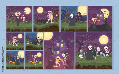 comic page skeleton mummy pumpkin halloween