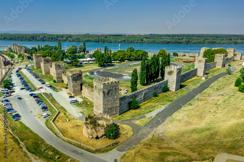 Aerial view of Smederevo (Szendro) Byzantine and Ottoman castle and walled town along the Danube river in Serbia former Yugoslavia with moat and partially restored towers