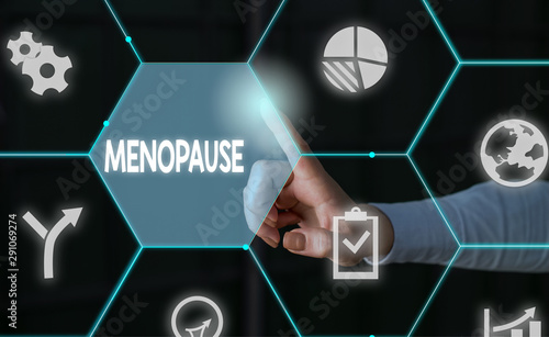 Word writing text Menopause. Business photo showcasing Period of peranalysisent cessation or end of menstruation cycle Male human wear formal work suit presenting presentation using smart device photo