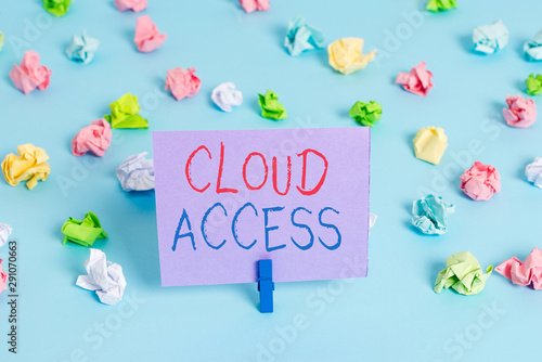 Word writing text Cloud Access. Business photo showcasing Software tool between the organization and the provider Colored crumpled papers empty reminder blue floor background clothespin